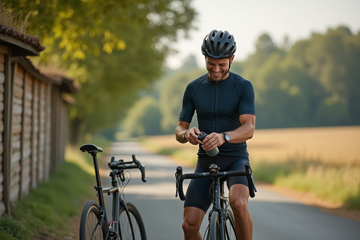 Homme cycliste en pause sur route rurale avec vélo