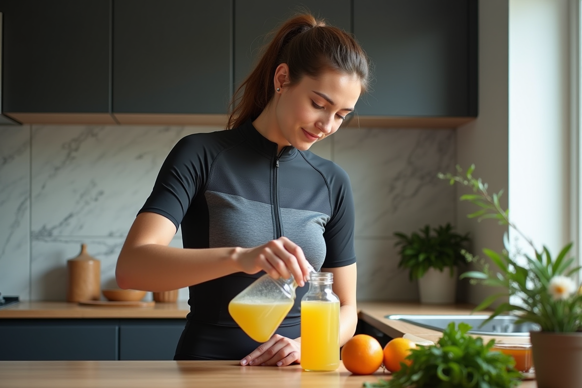 Femme cycliste préparant sa boisson dans la cuisine