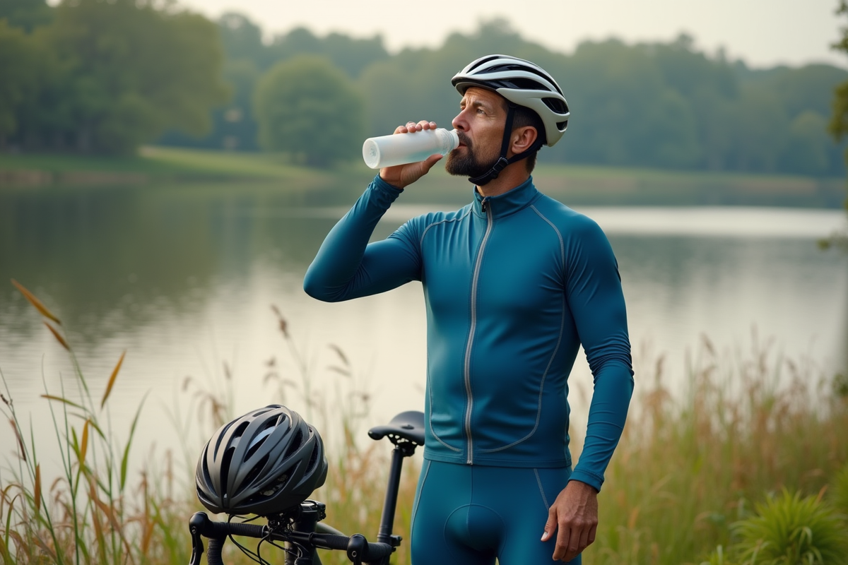 Cycliste au bord d’un lac lors d’une pause sur le sentier
