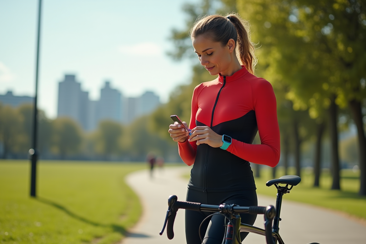 Femme cycliste vérifiant son tracker près de son vélo en plein air