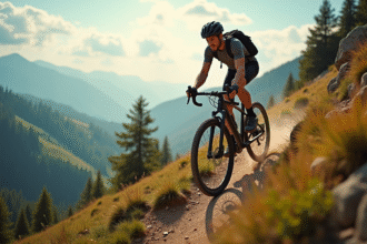 Cycliste déterminé sur vélo électrique en montagne
