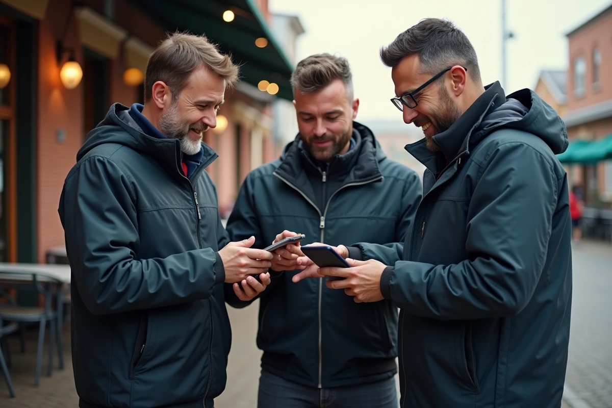 Trois hommes discutant devant un café sportif en extérieur