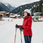 Jeune femme débutante en ski au pied des pistes des Arcs, portant une veste rouge et un casque blanc, prête à dévaler une piste verte