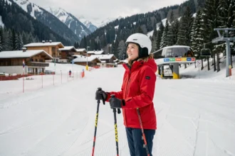 Jeune femme débutante en ski au pied des pistes des Arcs, portant une veste rouge et un casque blanc, prête à dévaler une piste verte