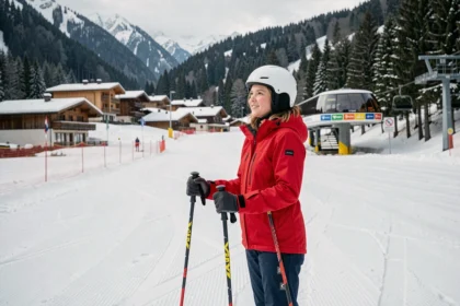 Jeune femme débutante en ski au pied des pistes des Arcs, portant une veste rouge et un casque blanc, prête à dévaler une piste verte