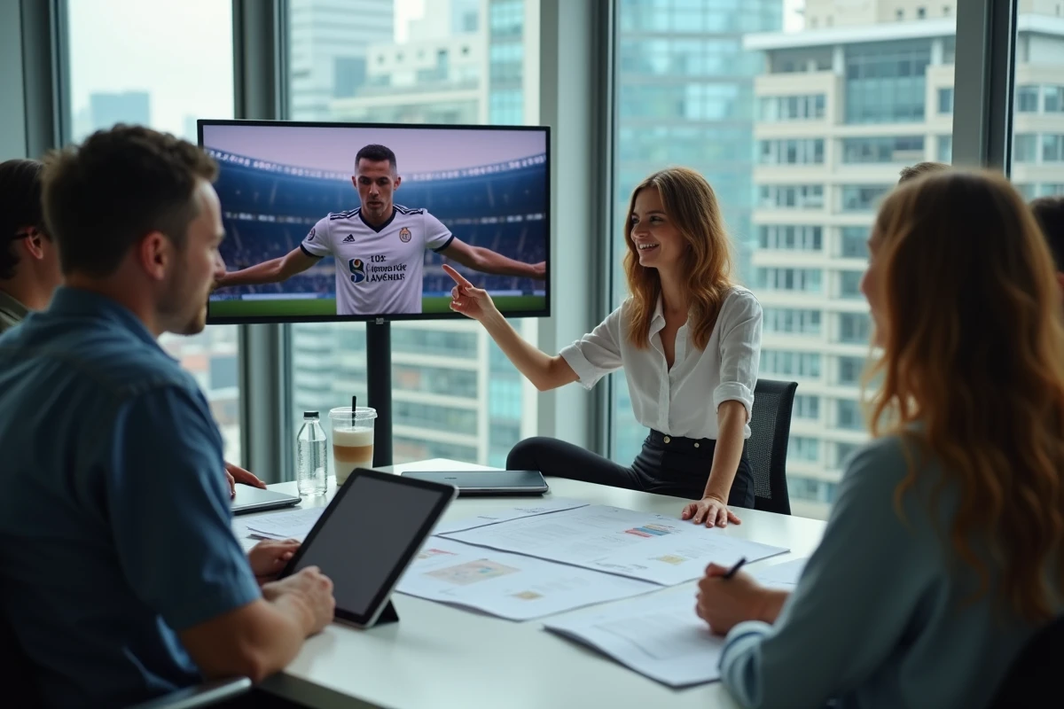 Femme designer montrant logo football à ses collègues