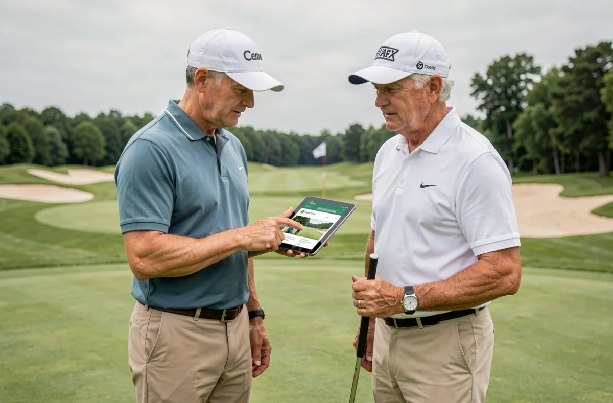 Deux golfeurs consultant un site de conseils golf sur une tablette sur le green d'un parcours
