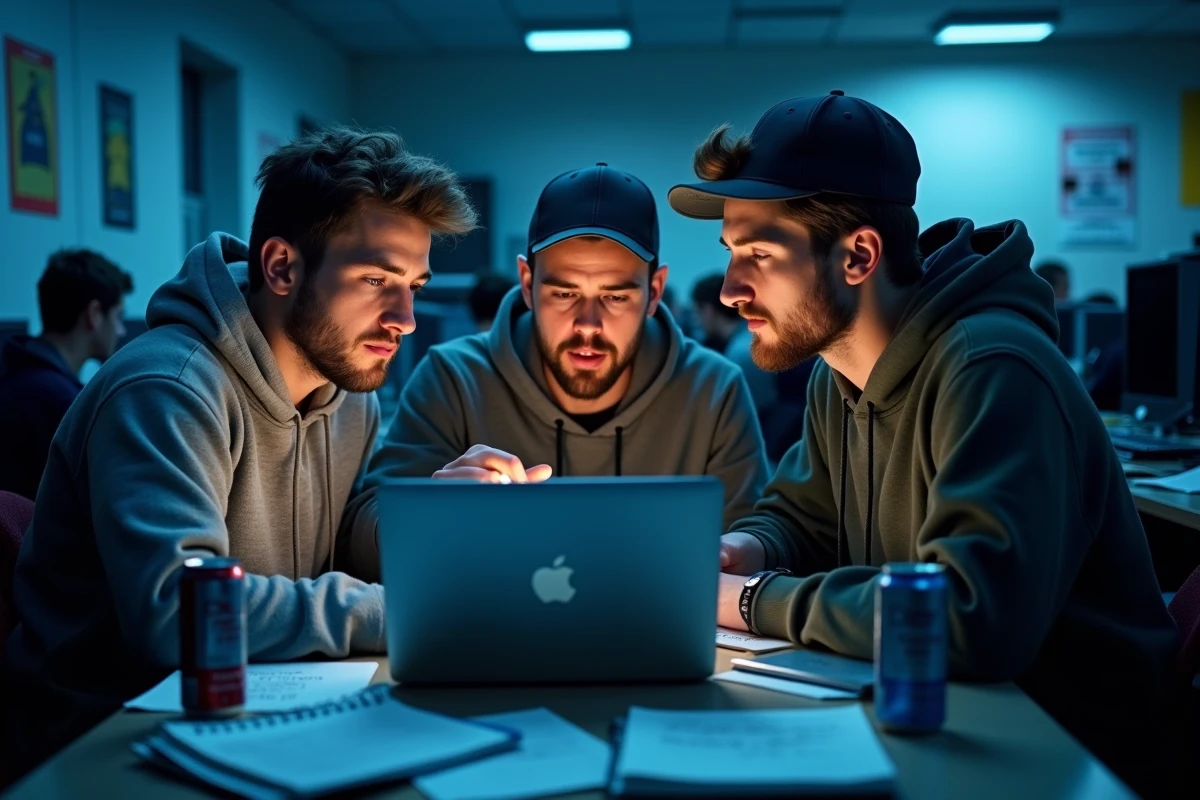 Trois développeurs travaillant tard la nuit dans une salle informatique universitaire pour finaliser le nom de leur équipe lors d'un sprint hackathon de 24 heures