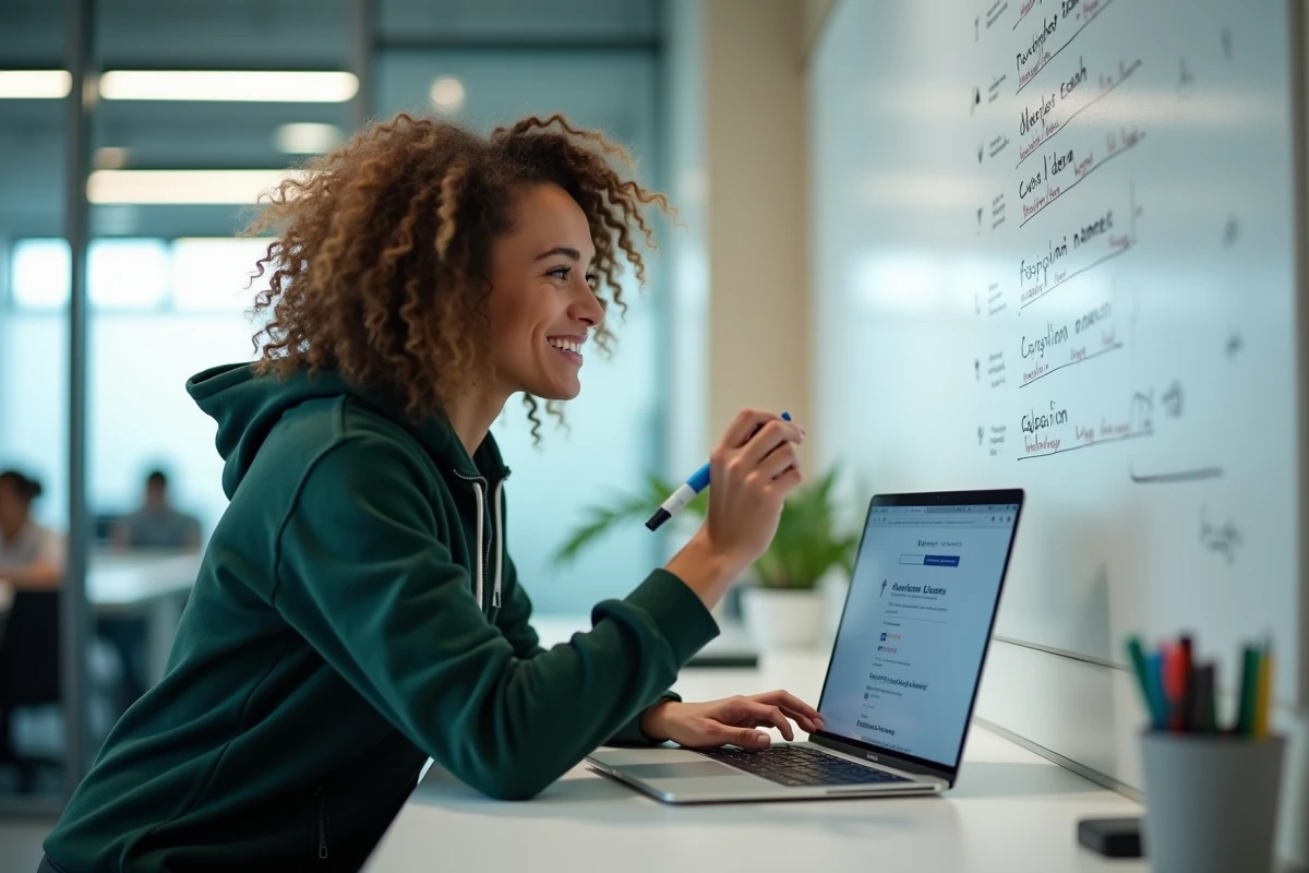 Développeuse écrivant des idées de noms d'équipe sur un tableau blanc dans un incubateur tech, en pleine réflexion créative pour un projet hackathon en 24 heures