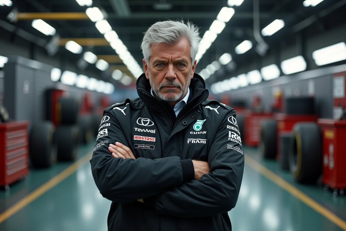 Directeur d'écurie de Formule 1 seul dans un garage vide, regard baissé vers le stand de voiture inoccupé, expression marquée par le deuil