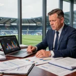 Directeur sportif de Ligue 1 analysant le budget du club avec des graphiques financiers sur son bureau