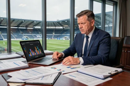 Directeur sportif de Ligue 1 analysant le budget du club avec des graphiques financiers sur son bureau