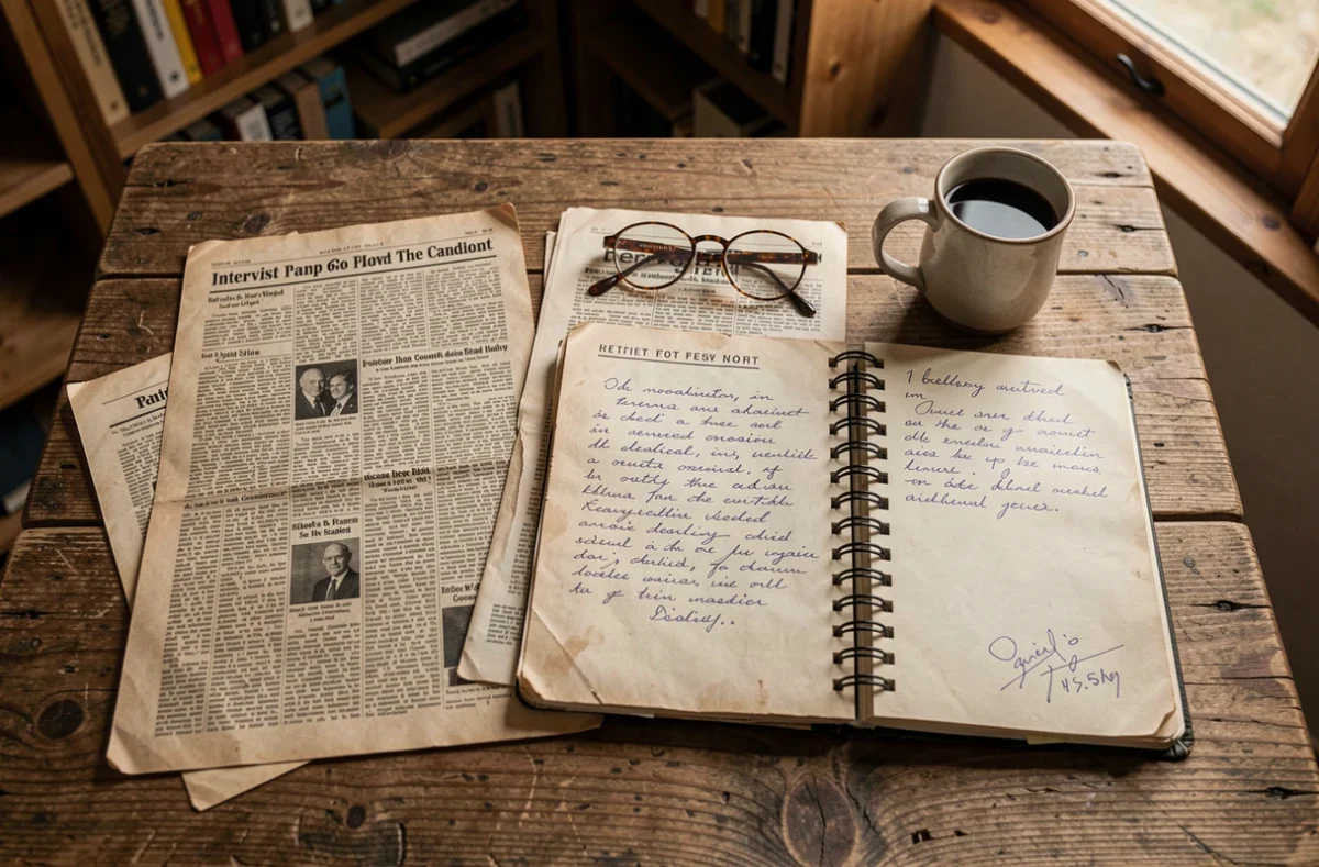 Disposition à plat de coupures de presse et documents d'archives sur une table en bois pour l'étude biographique de Reid Fliehr