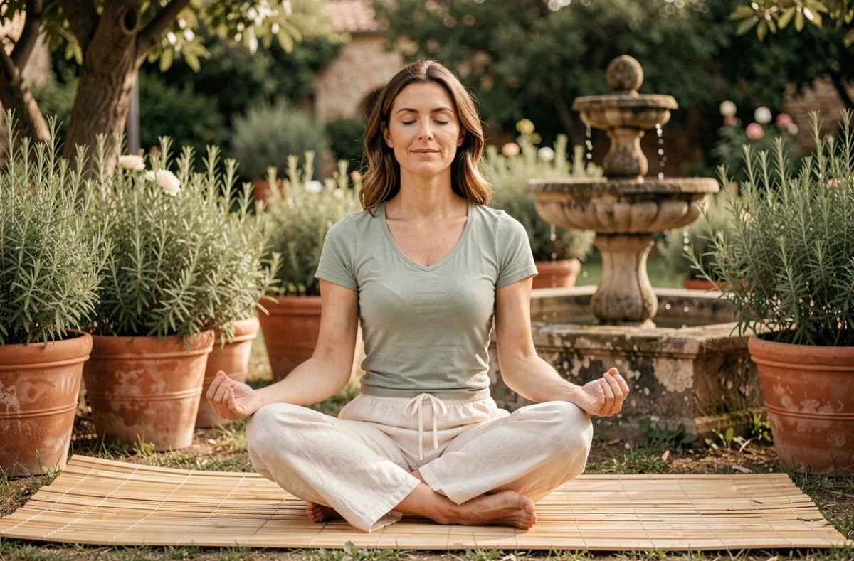 Dominique en posture de méditation yoga dans un jardin provençal paisible avec fontaine en pierre