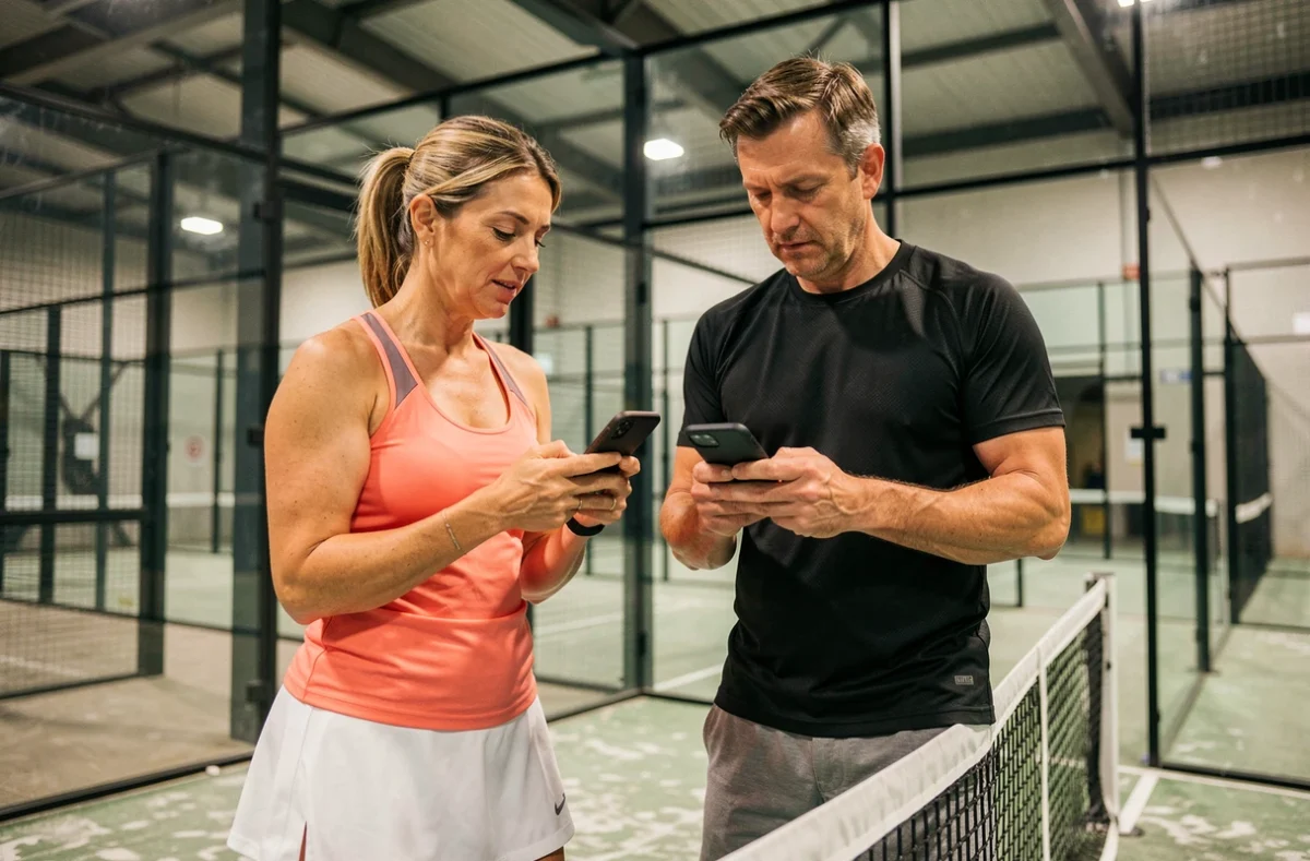 Duo mixte de padel consultant une tactique sur smartphone près du filet dans une salle intérieure, illustrant la stratégie de jeu en double pour le niveau P250