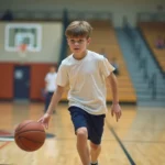 Élève en cours d'EPS dribblant un ballon de basketball dans un gymnase scolaire, illustrant les champs d'apprentissages en éducation physique et sportive
