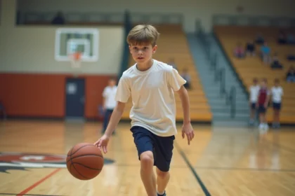 Élève en cours d'EPS dribblant un ballon de basketball dans un gymnase scolaire, illustrant les champs d'apprentissages en éducation physique et sportive