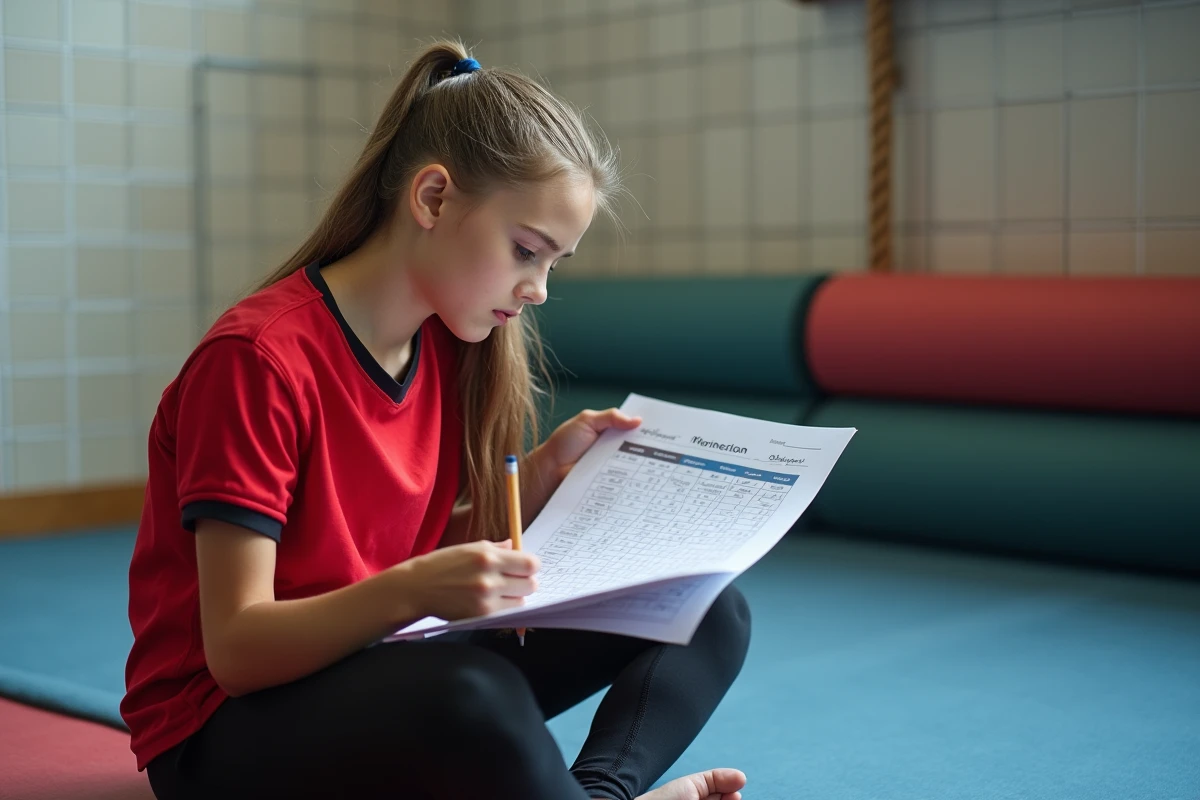Élève en EPS consultant une grille d'évaluation des champs d'apprentissages dans un gymnase scolaire, crayon à la main