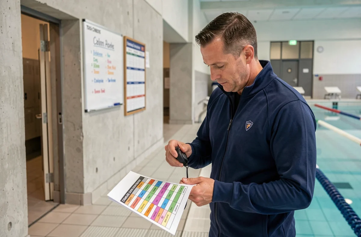 Entraîneur de natation consultant le planning des créneaux horaires des clubs à bord d'une piscine municipale parisienne