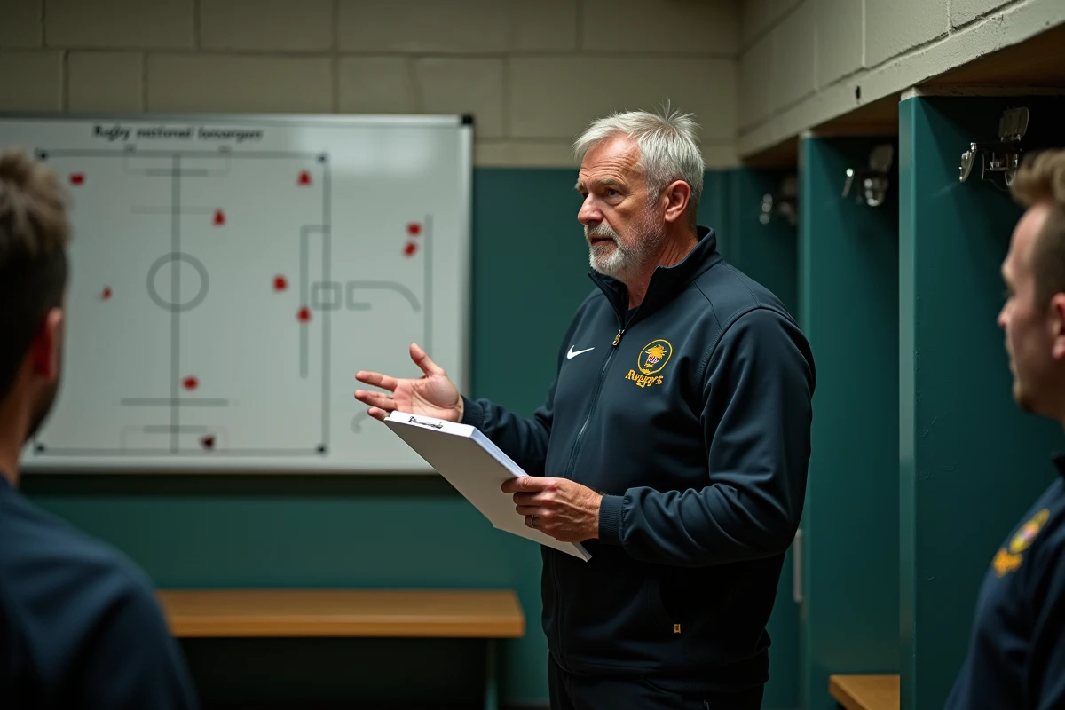 Entraîneur de rugby analysant la tactique en vestiaire pour la deuxième moitié de saison de Fédérale 1