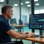 Entraîneur sportif analysant les performances de ses athlètes sur un outil numérique de suivi sportif