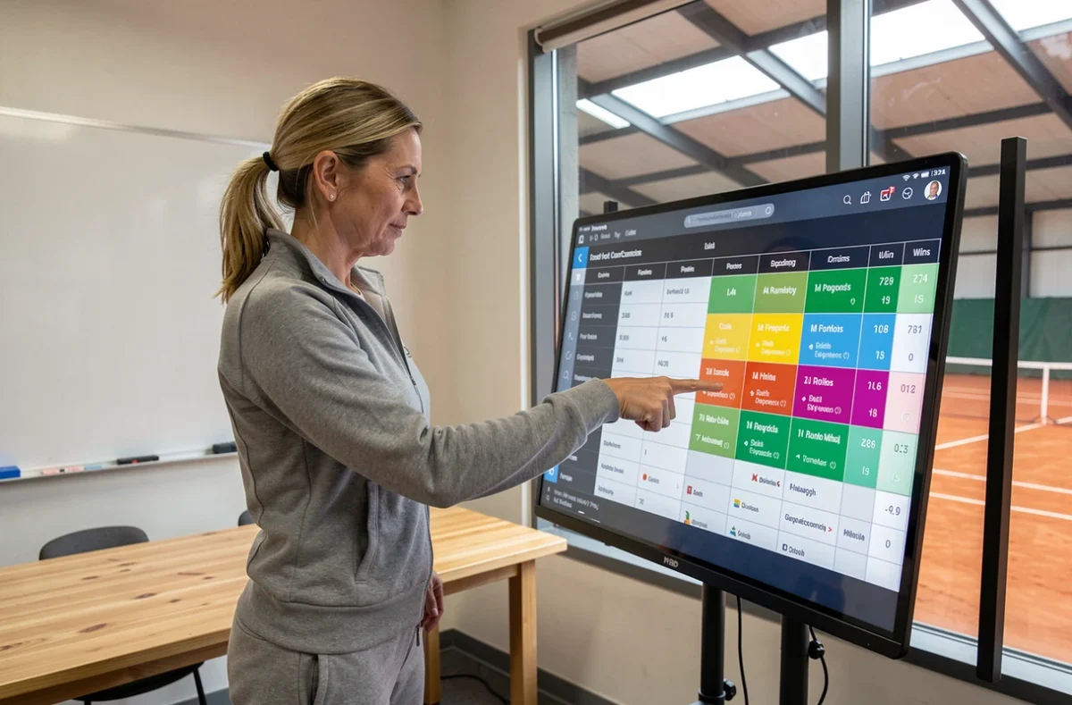Entraîneuse de tennis expliquant le tableau des points de tournoi sur tablette dans une salle de coaching moderne