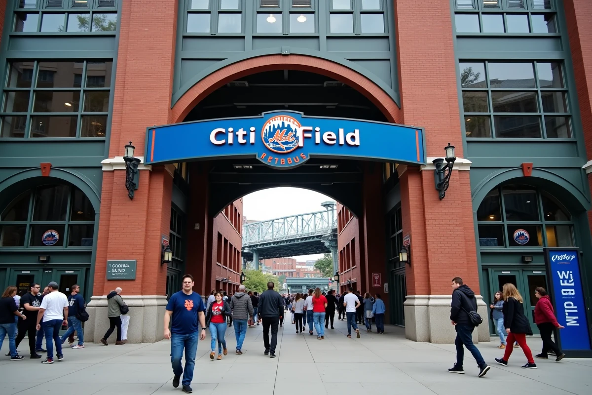 Entrée principale du stade Citi Field à Flushing Queens avec des fans des Mets se dirigeant vers les portes avant un match