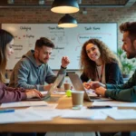 Équipe de jeunes développeurs en pleine séance de brainstorming pour trouver un nom d'équipe lors d'un hackathon, entourés d'ordinateurs portables et de notes collantes dans un espace de coworking moderne
