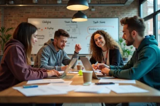 Équipe de jeunes développeurs en pleine séance de brainstorming pour trouver un nom d'équipe lors d'un hackathon, entourés d'ordinateurs portables et de notes collantes dans un espace de coworking moderne