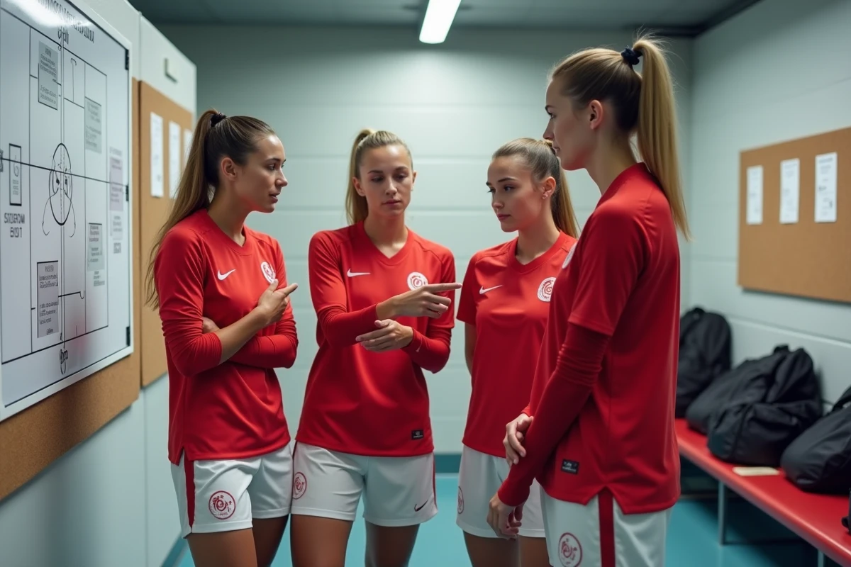 Joueuses de l'OL féminin en réunion tactique dans les installations d'entraînement du club lyonnais