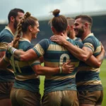 Groupe de joueurs de rugby célébrant sur le terrain après un match
