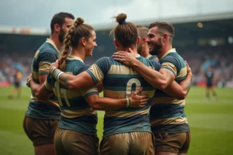 Groupe de joueurs de rugby célébrant sur le terrain après un match