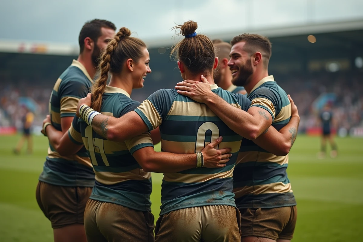 Groupe de joueurs de rugby célébrant sur le terrain après un match