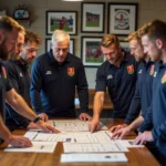 Coachs et joueurs rugby en réunion dans un club