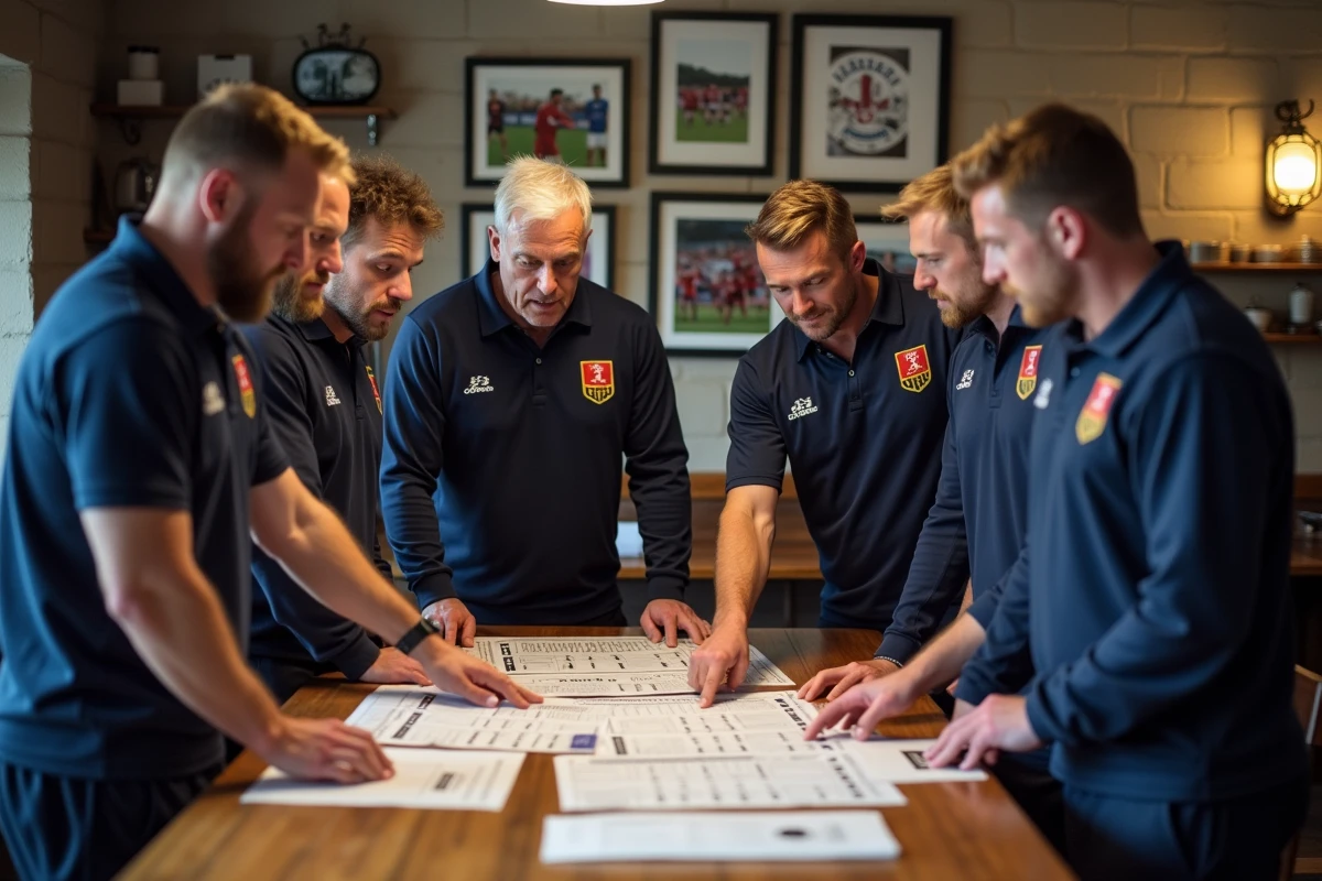 Coachs et joueurs rugby en réunion dans un club