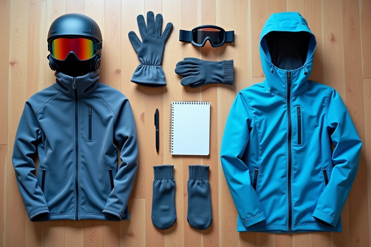 Vue de dessus d'un équipement complet de ski pour débutant disposé en flat lay sur un plancher en bois avec une liste de contrôle