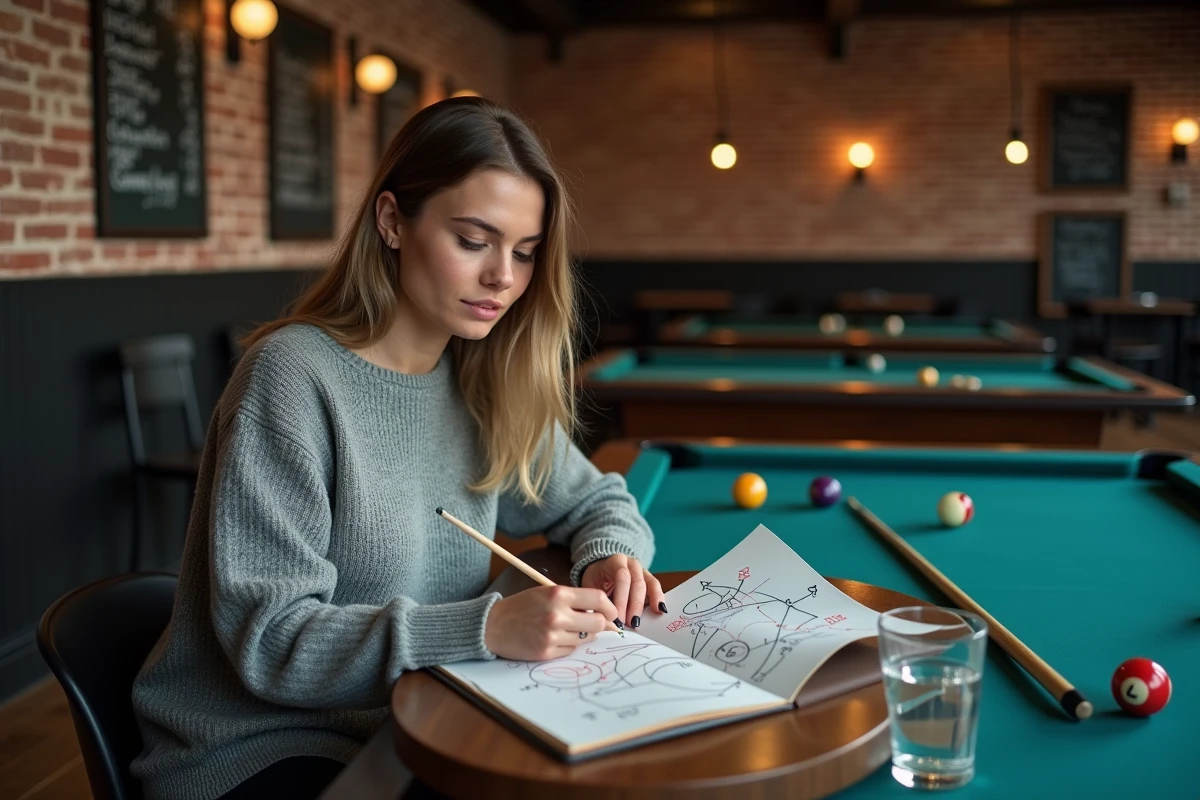 Joueuse de billard étudiant des schémas de placement de boules dans un cahier dans un club moderne