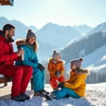 Famille souriante sur la terrasse enneigee des Menuires