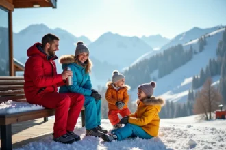 Famille souriante sur la terrasse enneigee des Menuires