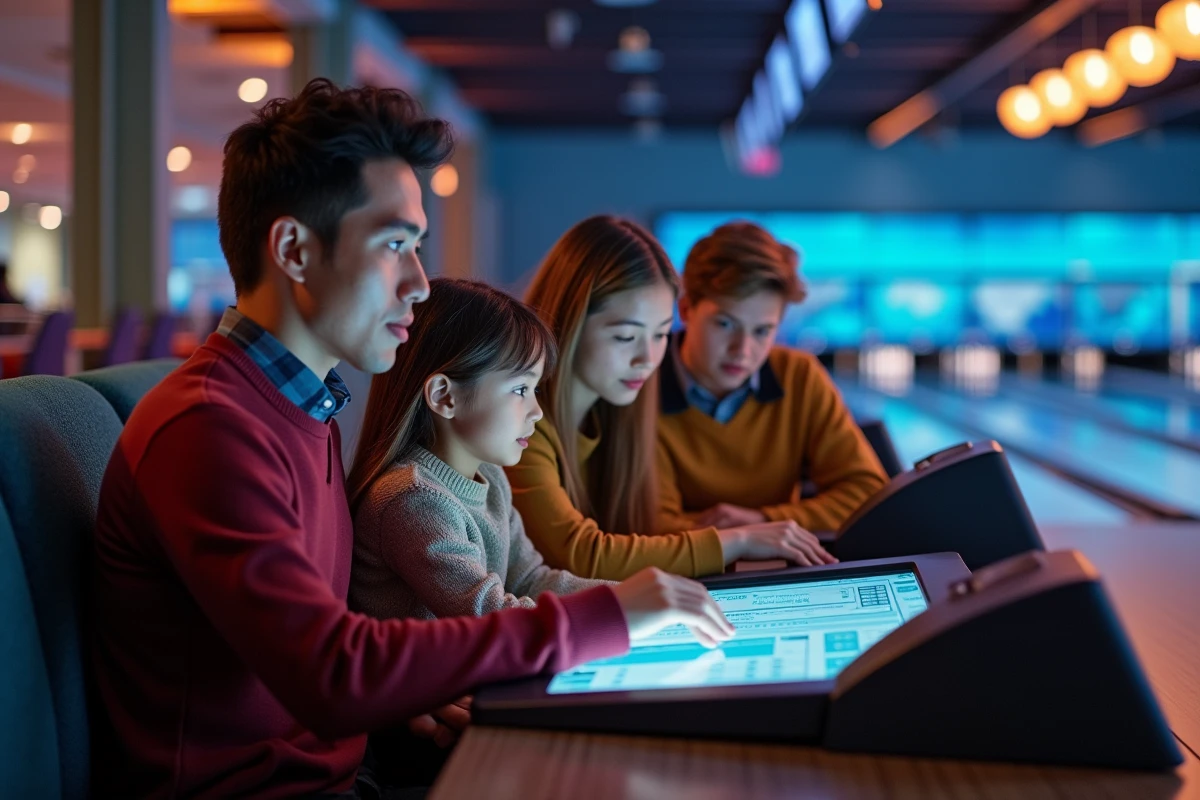 Famille consultant le tableau de scores numérique dans un bowling en France