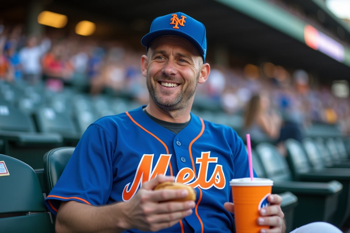Fan des New York Mets souriant dans les tribunes de Citi Field avec un hot dog lors d'un match de baseball
