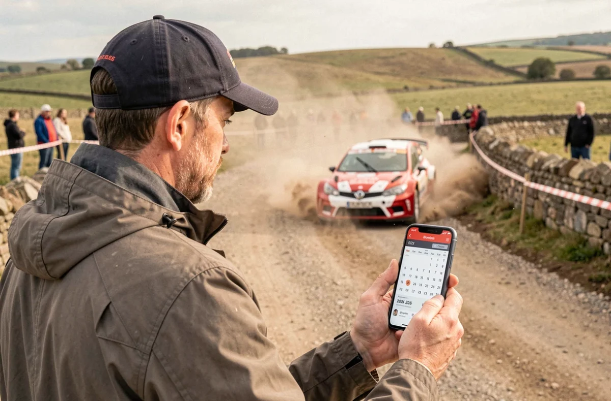 Passionné de rallye consultant l'application calendrier 2026 mis à jour en temps réel au bord d'une spéciale