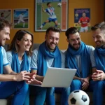 Groupe de supporters de football dans un salon convivial