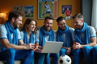Groupe de supporters de football dans un salon convivial