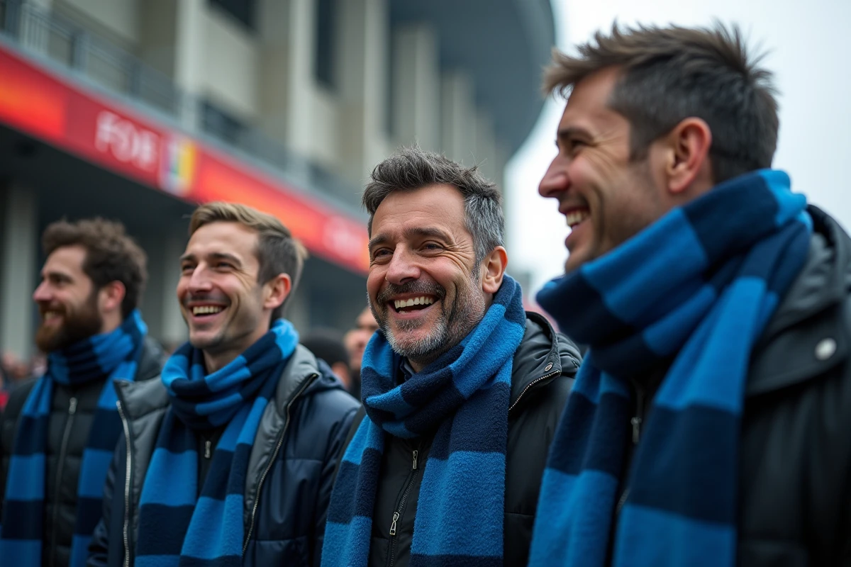 Fans de football devant le stade San Siro avec écharpes bleues et noires