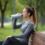 Jeune femme sportive buvant de l'eau dans un parc