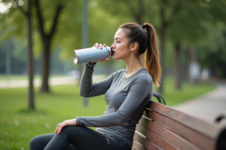 Jeune femme sportive buvant de l'eau dans un parc