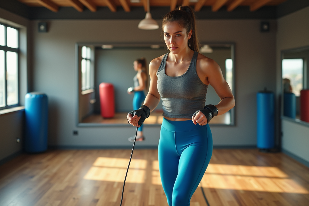 Femme boxeuse pratiquant la corde dans un studio lumineux