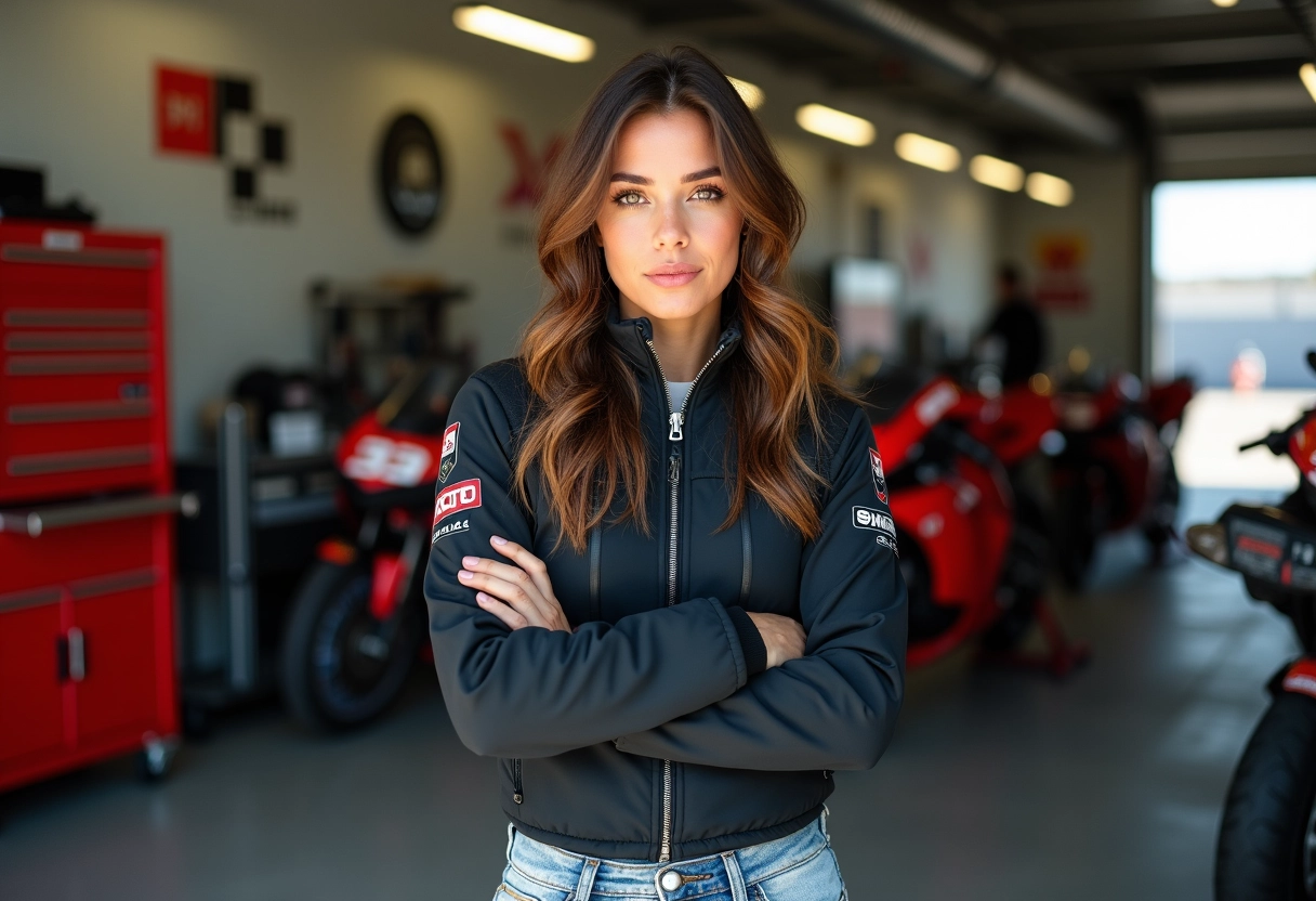 Femme championne moto gp devant son garage