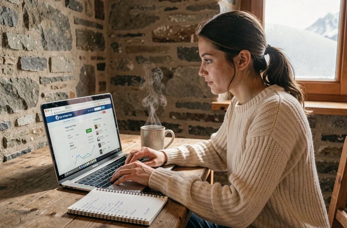 Femme seule comparant les prix de forfaits ski week-end et longue durée sur un ordinateur portable dans un appartement de l'Alpe d'Huez